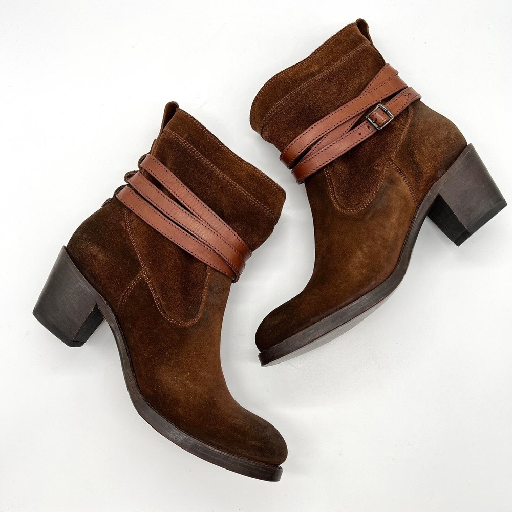 FRYE Jane Strappy Short Boot 10 Brown Suede Leather Block Heel Western Distress - Picture 5 of 13